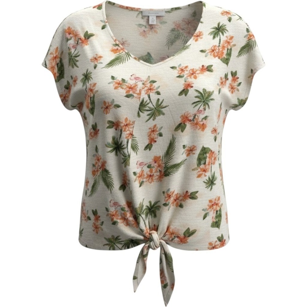 Westbound Tropical Top Women Medium White Floral Palm Tree Flamingo Front Tie